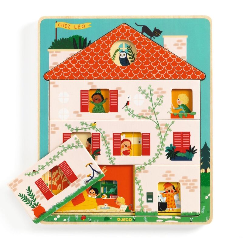 Djeco Chez Leo 3 Layer Wooden Puzzle - 12pc Puzzle for Toddlers