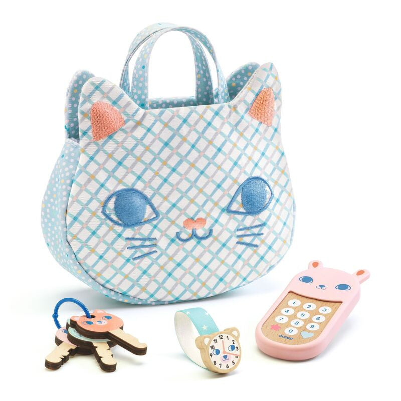 Djeco - Baby Cat Handbag with Phone, Keys and Accessories - 7pc