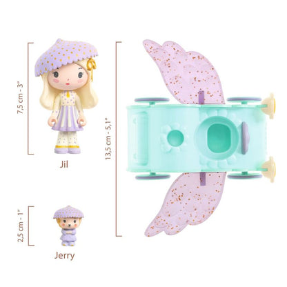 Djeco Jil & Jerry Tinyly Figurines & Tinycar - A whimsical Tinyly figurine set featuring Jil, her companion Jerry and their flying cloud car. - product image 3