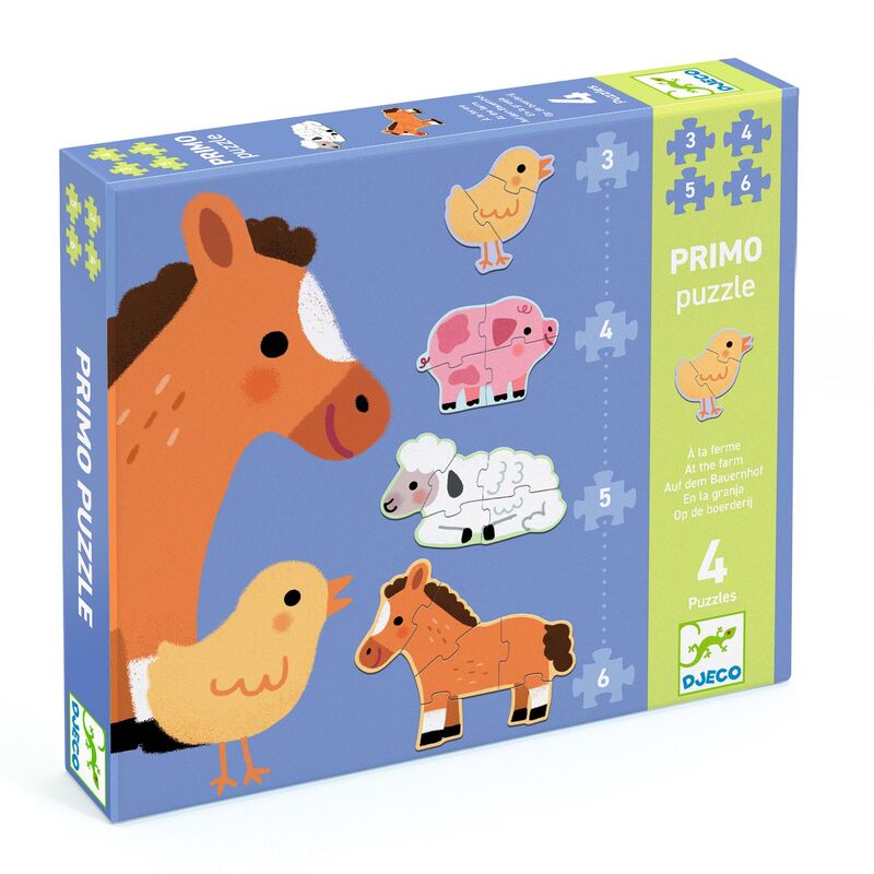 Djeco At the Farm progressive puzzle set featuring four colourful farm animal puzzles for toddlers