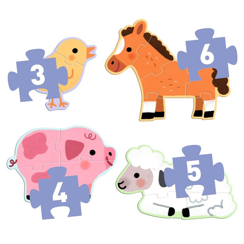 four farm animal silhouette puzzles with 3, 4, 5 and 6 pieces for progressive toddler play
