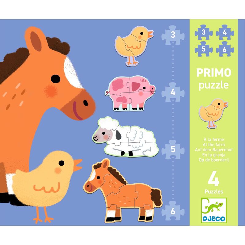 Djeco farm animal progressive puzzles with model cards helping toddlers complete each puzzle independently