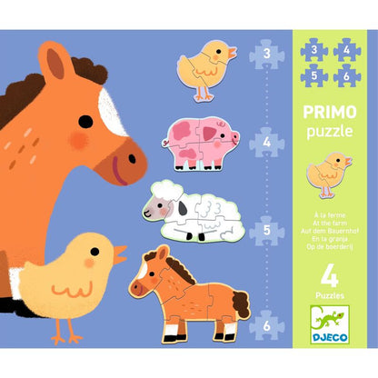 Djeco farm animal progressive puzzles with model cards helping toddlers complete each puzzle independently