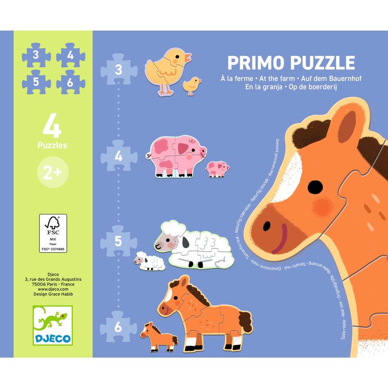 child completing the six-piece farm animal puzzle using the printed model card as a guide
