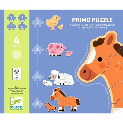 child completing the six-piece farm animal puzzle using the printed model card as a guide