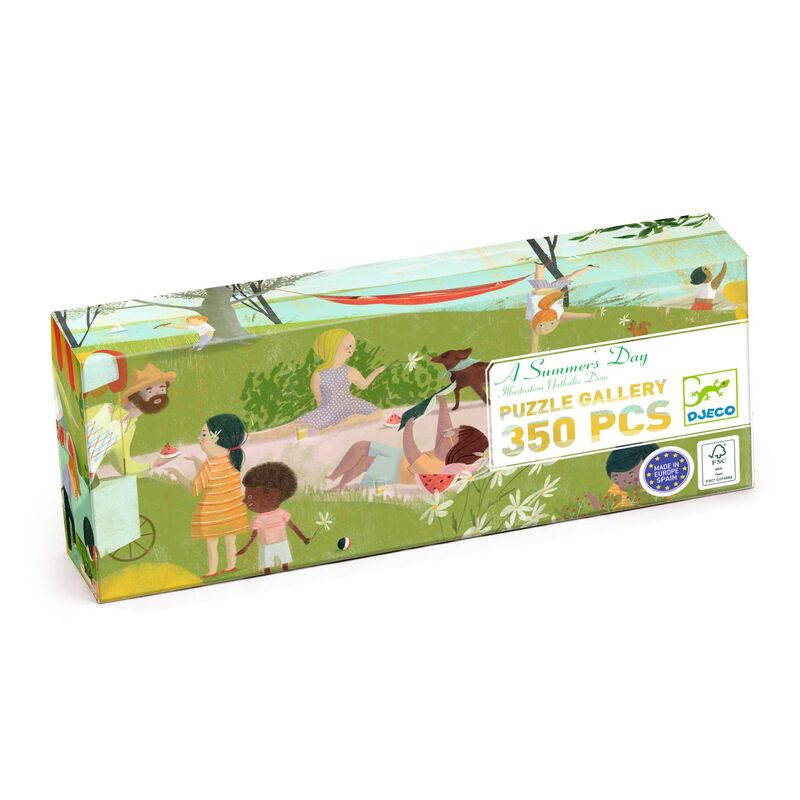 Djeco A Summer's Day 350-piece Gallery puzzle featuring a colourful sunny lakeside scene in long panoramic format