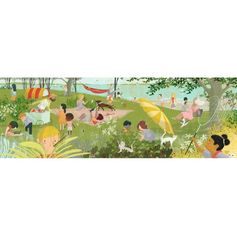 Djeco A Summer's Day Gallery puzzle displayed in its extra-long 97 x 33 cm panoramic format
