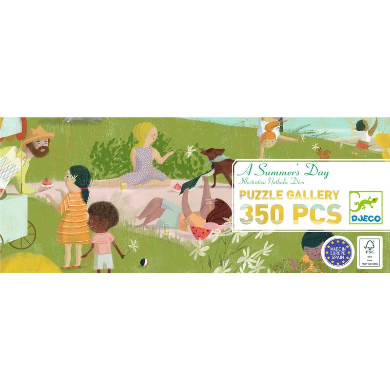 family assembling the long-format A Summer's Day jigsaw puzzle together at a table
