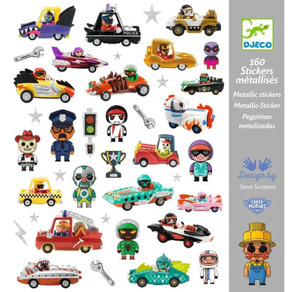 Djeco The World of Crazy Motors Stickers - 160 Metallic Stickers, Ages 4+