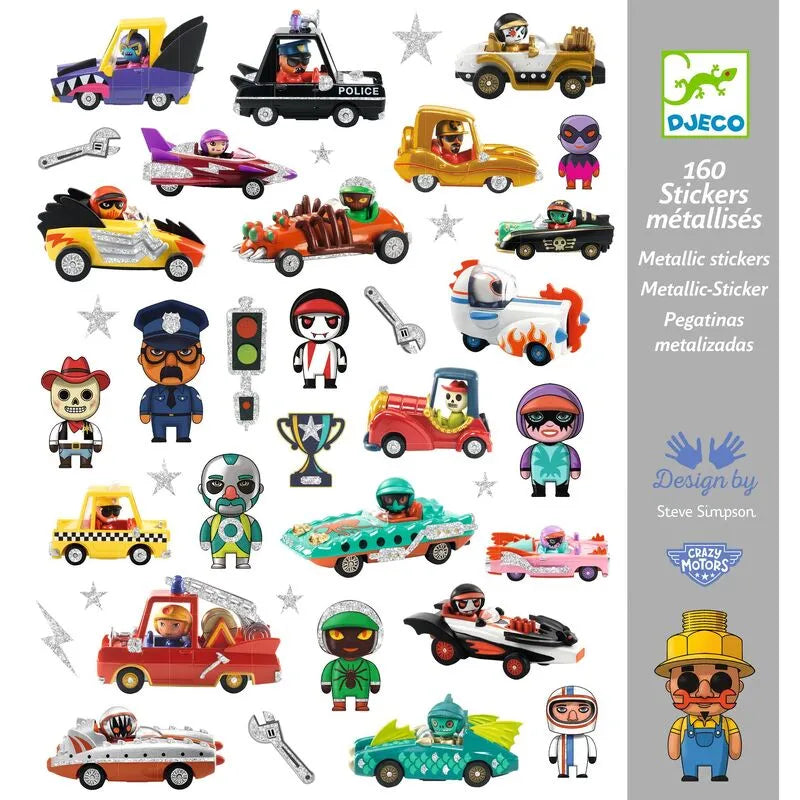 Djeco The World of Crazy Motors Stickers - 160 Metallic Stickers, Ages 4+