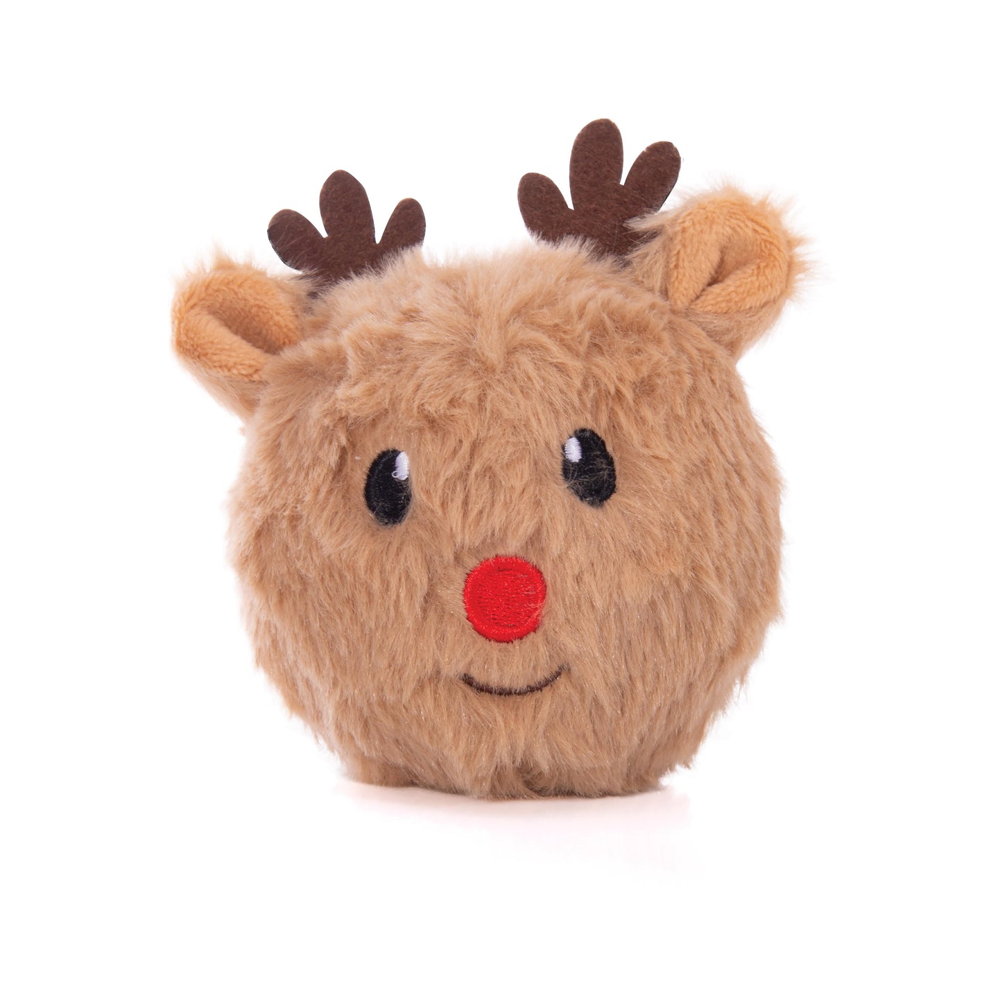A round, plush toy shaped like a reindeer face, made of soft tan faux fur with dark brown antlers, a red nose, and embroidered black eyes and a smile, shown on a plain white background.