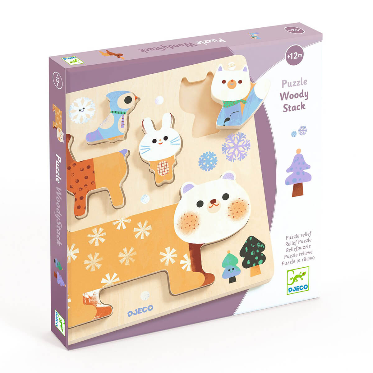 Djeco 'Puzzle Woody Stack' wooden animal puzzle toy in its original purple and beige packaging, featuring cartoon animals like a bear, rabbit, and llama on a snowy winter-themed design.
