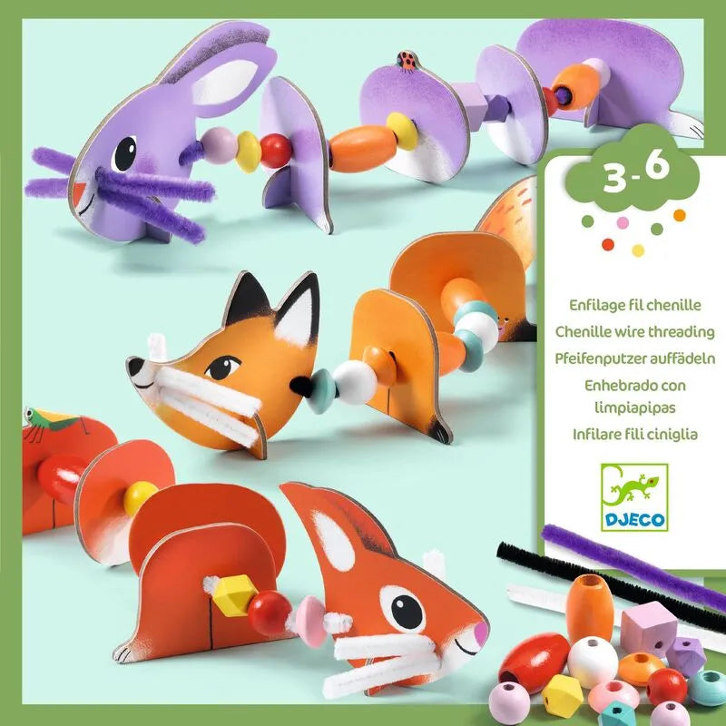 Children's educational toys with animal designs and colorful beads on a light green background, featuring the Djeco brand.