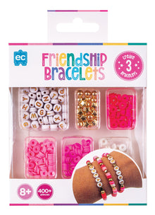 EC Toys Friendship Bracelets craft kit in retail packaging, containing 400+ colorful letter beads, pink beads, gold beads, and heart beads, with an inset showing the bracelets worn on a wrist.