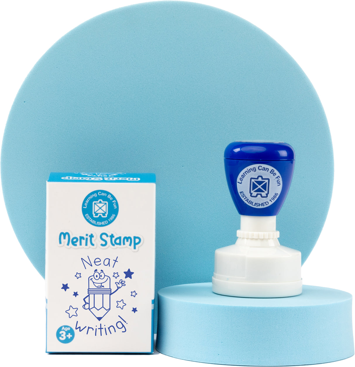 Learning Can Be Fun Neat Writing Merit Stamp showing pencil character and neat writing design