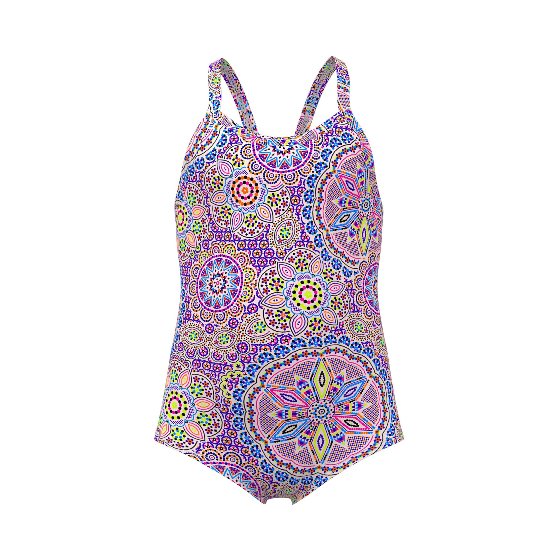 Funkita Love Lacy toddler girls one piece swimsuit in a colourful lace-inspired print, shown from the front