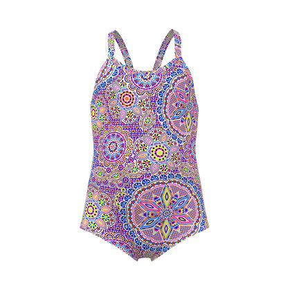 Funkita Love Lacy toddler girls one piece swimsuit in a colourful lace-inspired print, shown from the front