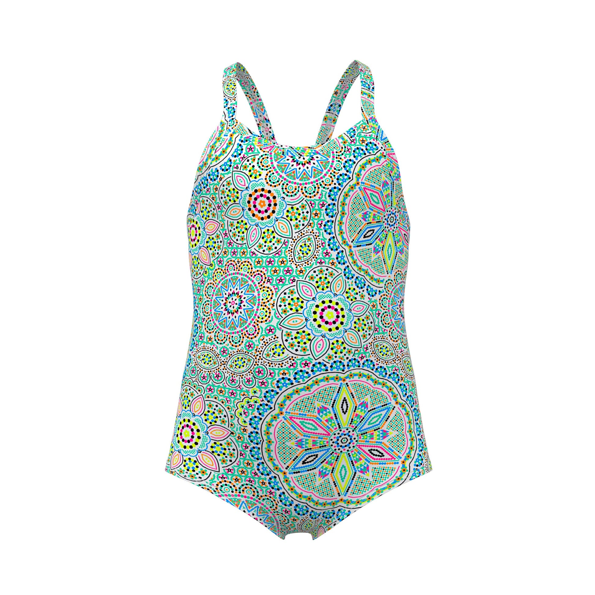 Funkita Pretti Penny toddler girls one piece swimsuit in a colourful print, shown from the front with full back coverage
