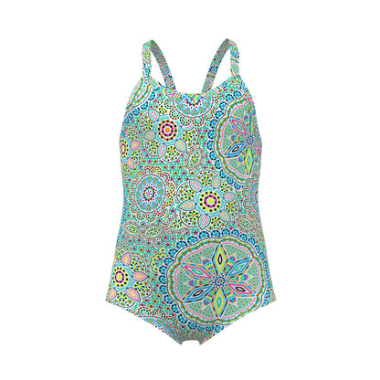 Funkita Pretti Penny toddler girls one piece swimsuit in a colourful print, shown from the front with full back coverage