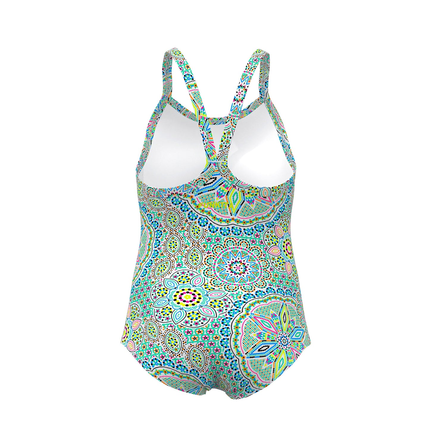 Funkita Pretti Penny toddler girls one piece swimsuit in a colourful print, shown from the front with full back coverage