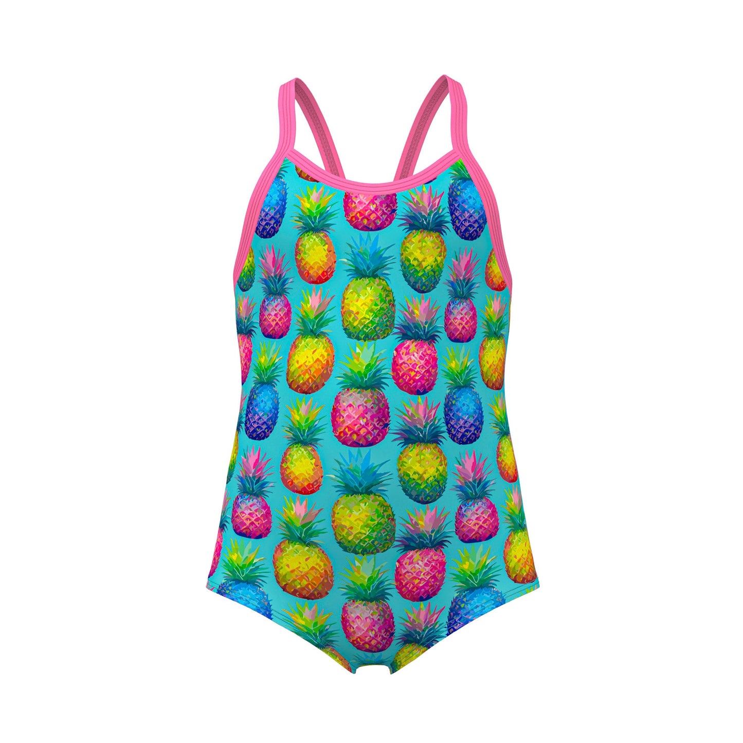 Funkita Punchy Bunch toddler girls one piece swimsuit in a bright citrus print, shown from the front