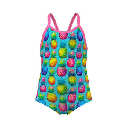 Funkita Punchy Bunch toddler girls one piece swimsuit in a bright citrus print, shown from the front