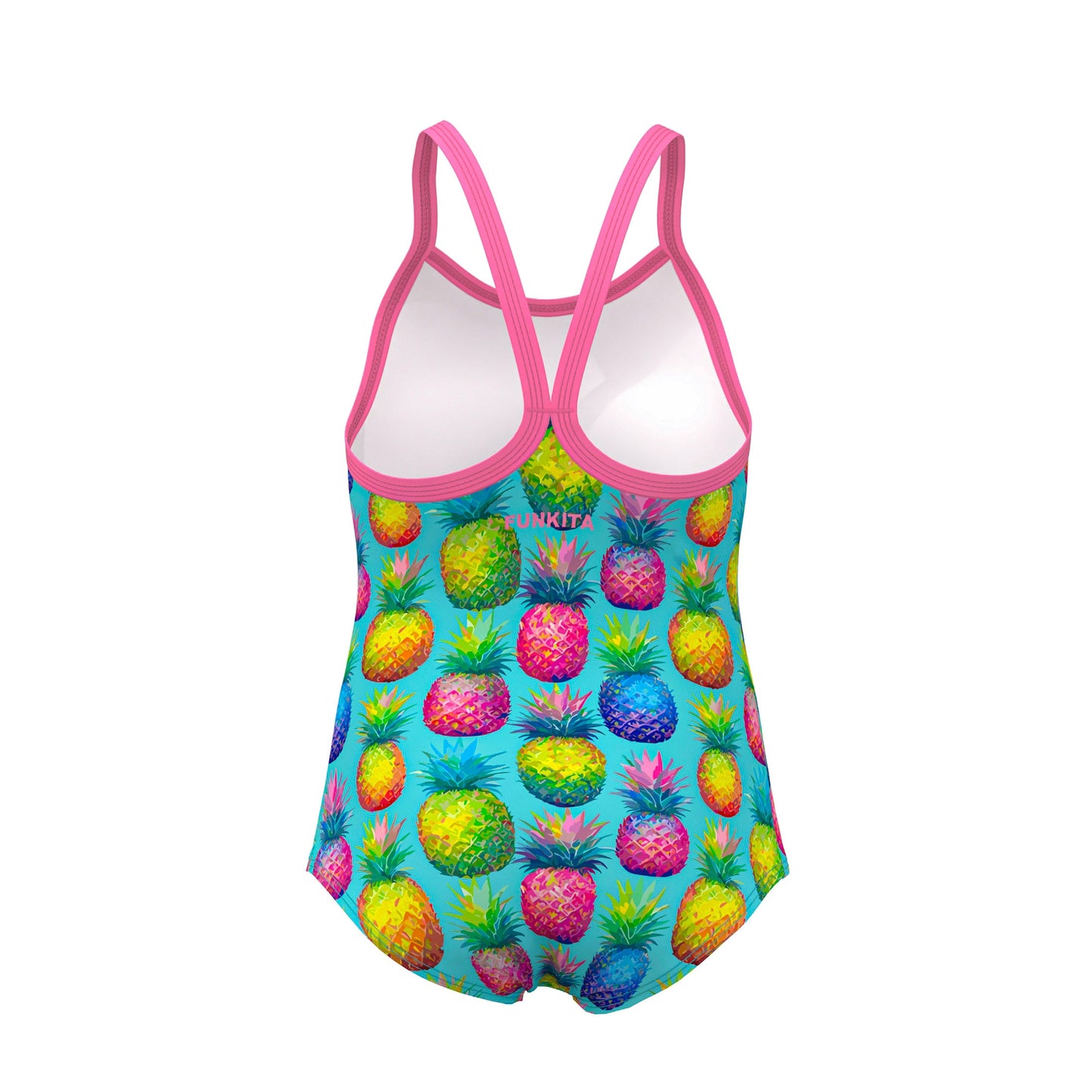 Funkita Punchy Bunch toddler girls one piece swimsuit in a bright citrus print, shown from the front