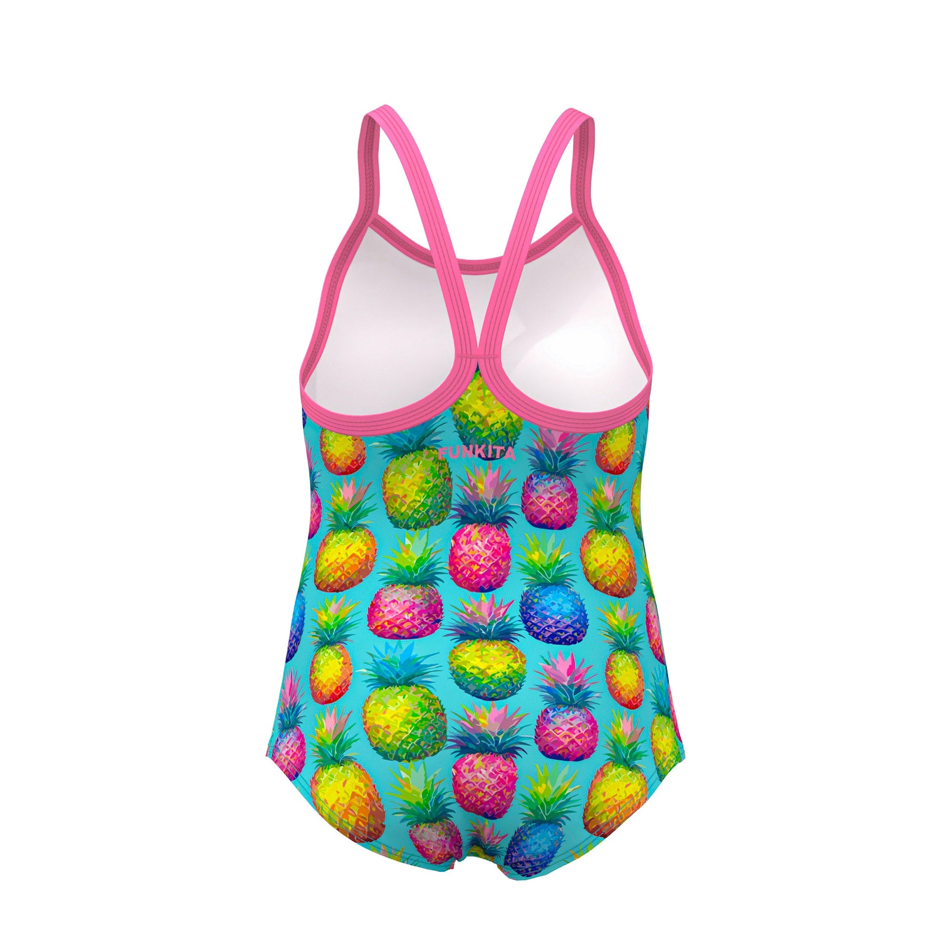 Funkita Punchy Bunch toddler girls one piece swimsuit in a bright citrus print, shown from the front