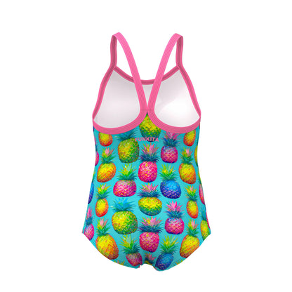 Funkita Punchy Bunch toddler girls one piece swimsuit in a bright citrus print, shown from the front