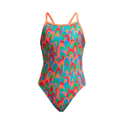 Funkita Hush Puffy girls single strap one piece swimsuit, rear view showing the open back and single bind shoulder strap