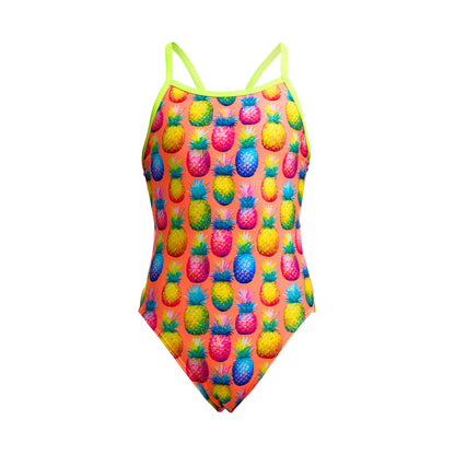 Funkita Pinky Piney girls single strap one piece swimsuit in pink and green, shown from the front on a plain background
