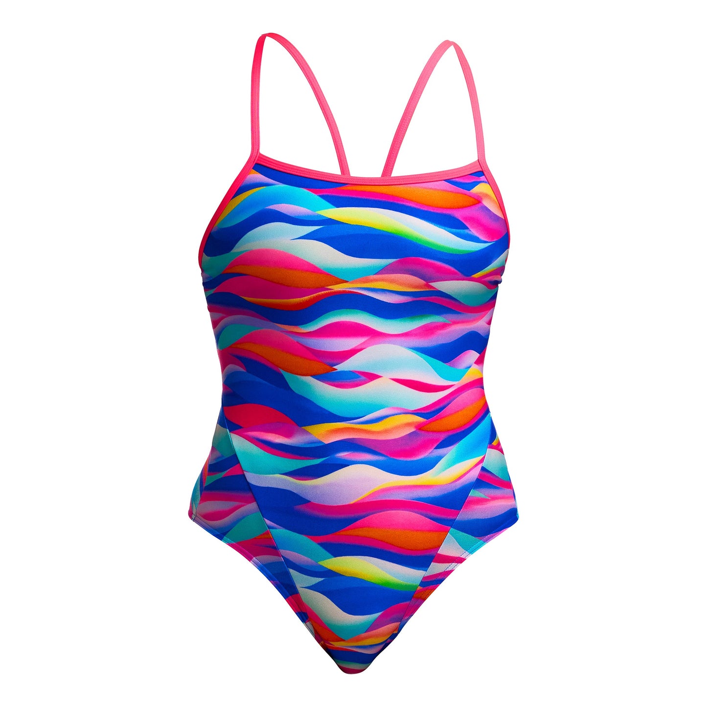 Funkita Royal Wave girls single strap one piece swimsuit in blue and purple, front view showing the single bind strap