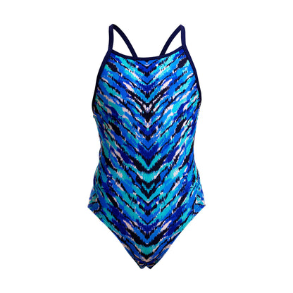 Funkita Fur Seal girls diamond back one piece swimsuit, front view showing the printed body and single bind straps