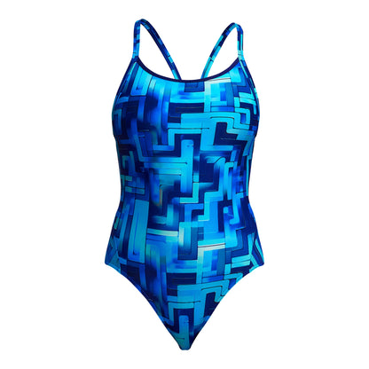 Funkita You Blued girls diamond back one piece swimsuit in blue, shown from behind with supportive back panels