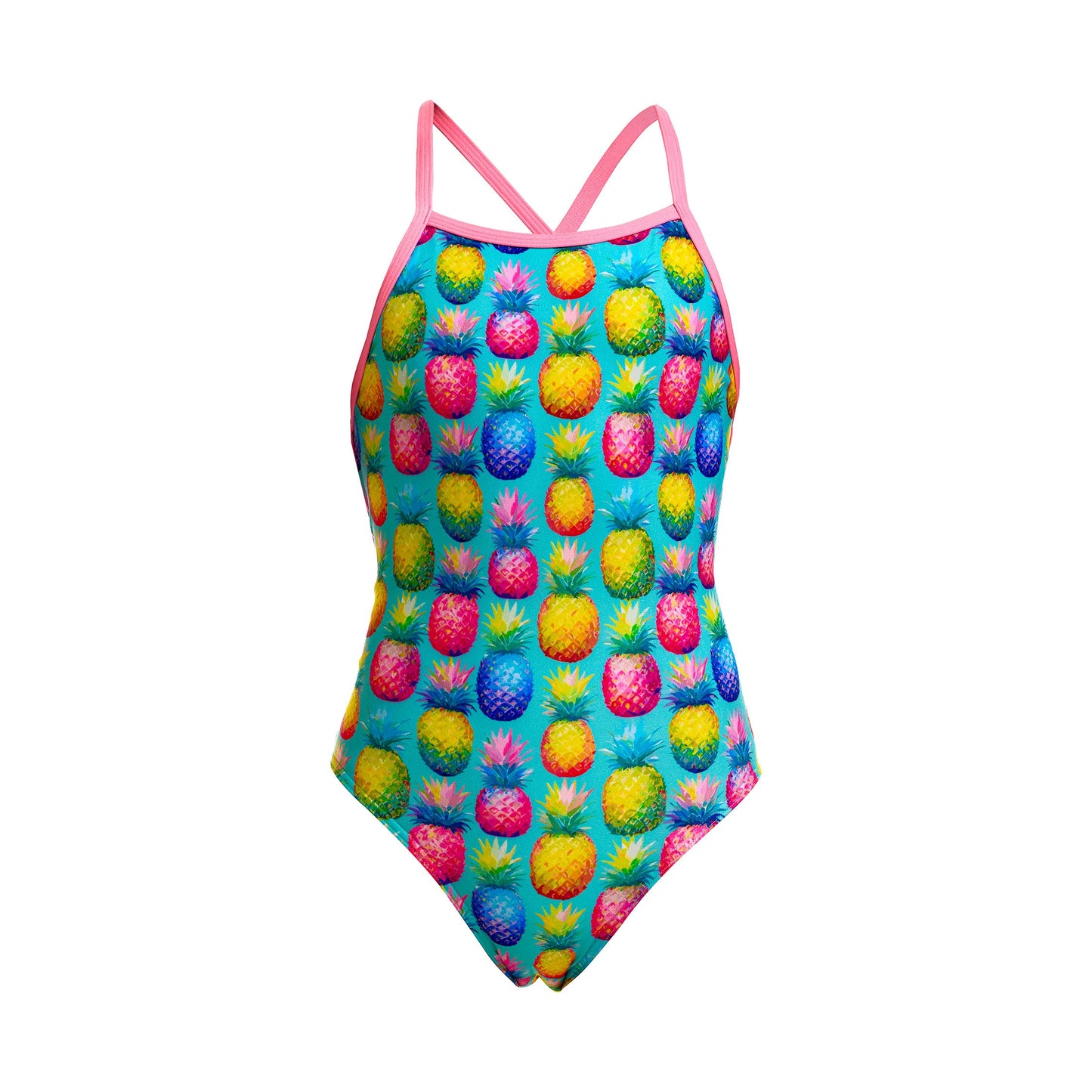 Funkita Punchy Bunch girls strapped in one piece swimsuit, back view showing the criss-cross strap detail