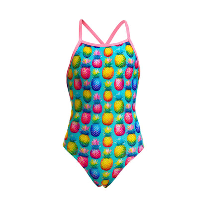 Funkita Punchy Bunch girls strapped in one piece swimsuit, back view showing the criss-cross strap detail