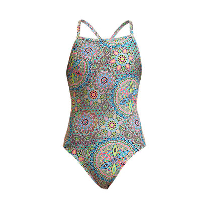 Funkita Pretti Penny girls tie me tight one piece swimsuit, rear view showing the adjustable tie-back straps