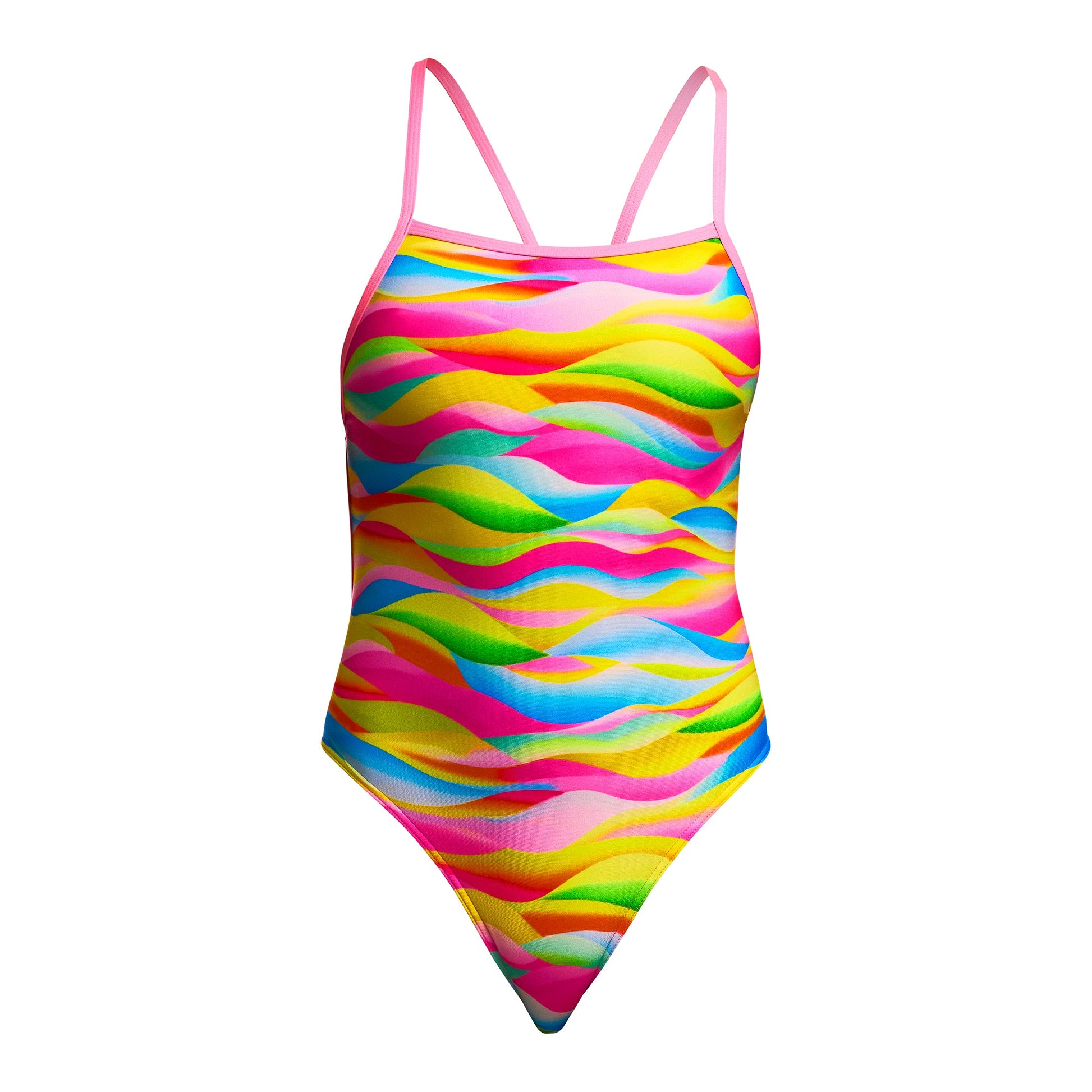Funkita Maybe Wavy girls single strap one piece swimsuit in blue tones, shown from the back with open back styling