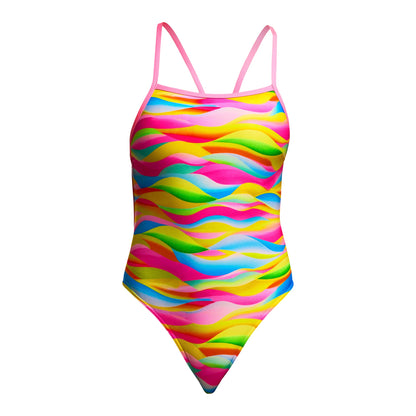 Funkita Maybe Wavy girls single strap one piece swimsuit in blue tones, shown from the back with open back styling
