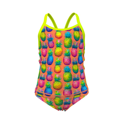 Funkita Pinky Piney toddler girls one piece swimsuit in pink and green, shown from the front with full back coverage