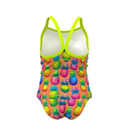 Funkita Pinky Piney toddler girls one piece swimsuit in pink and green, shown from the front with full back coverage
