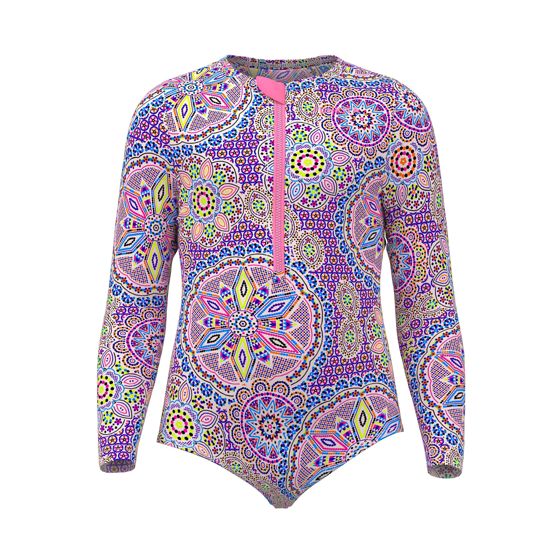 Funkita Love Lacy toddler girls sun cover one piece swimsuit with long sleeves and front zip, shown from the front