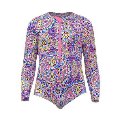 Funkita Love Lacy toddler girls sun cover one piece swimsuit with long sleeves and front zip, shown from the front