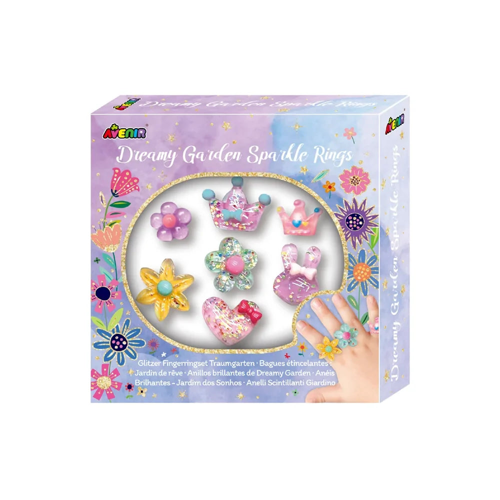 Avenir Dreamy Garden Sparkle Rings 7-piece kids jewellery set displayed together on a white backgr