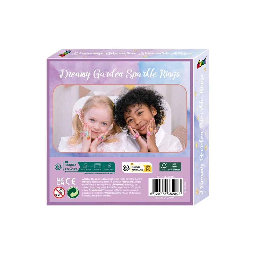 Seven Dreamy Garden sparkle rings displayed together, showing the variety included in the kids jewellery s