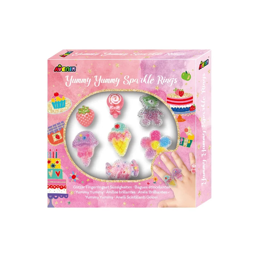 Avenir Yummy Yummy Sparkle Rings 7 piece kids jewellery set displayed on a clean white backgr