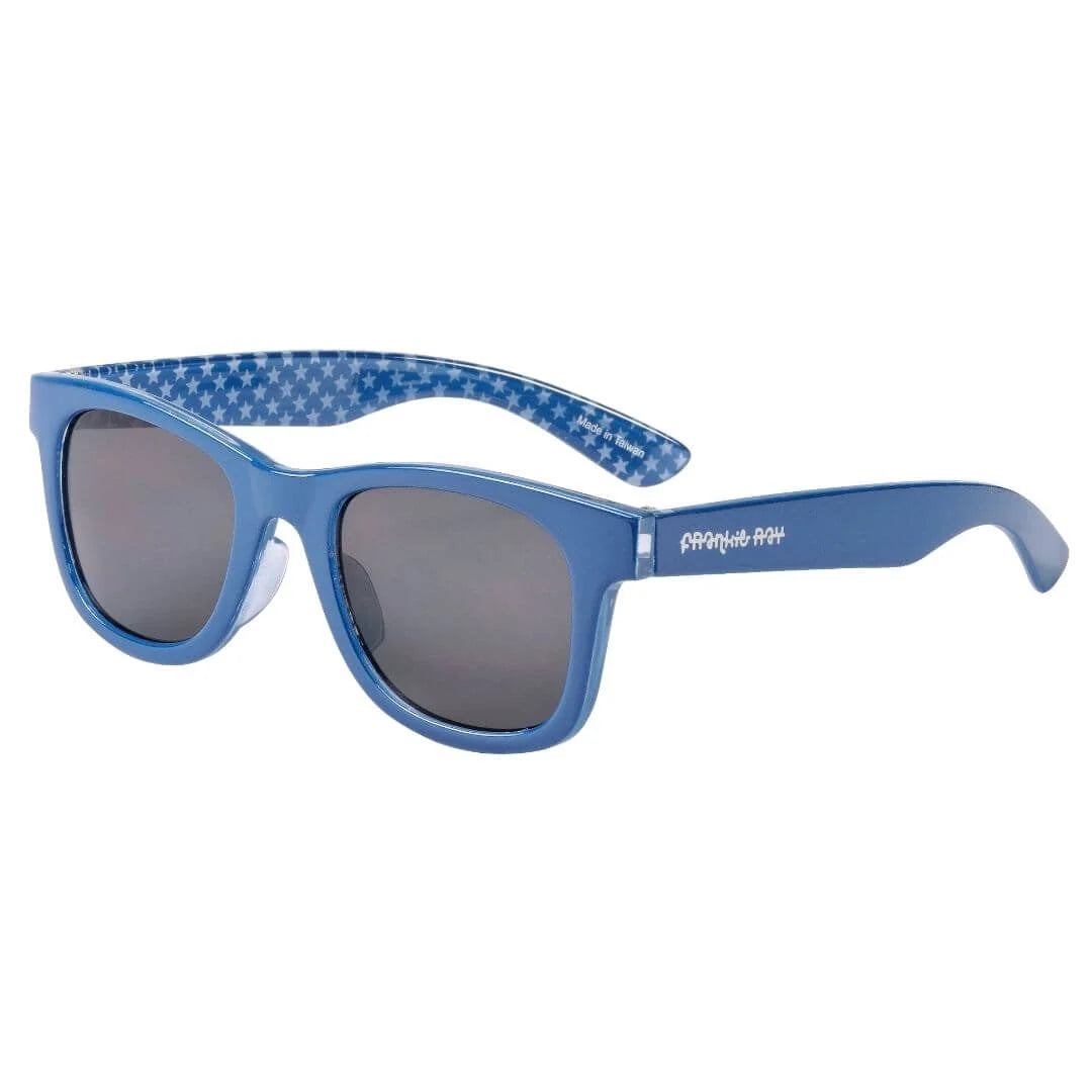 Frankie Ray Kids Sunglasses Gadget Blue With Star featuring a sporty blue frame with star detail and UV400 smoke lenses for children aged 3 to 8 years