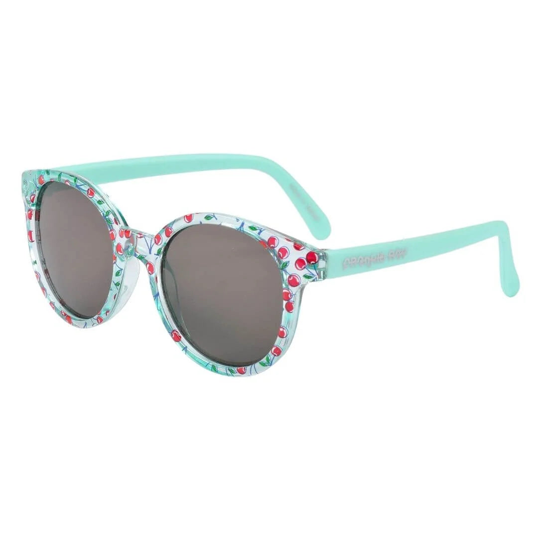 Frankie Ray Kids Sunglasses Sprinkle Mint Cherry with mint green cherry-patterned frame and UV400 smoke lenses for children aged 3 to 8 years