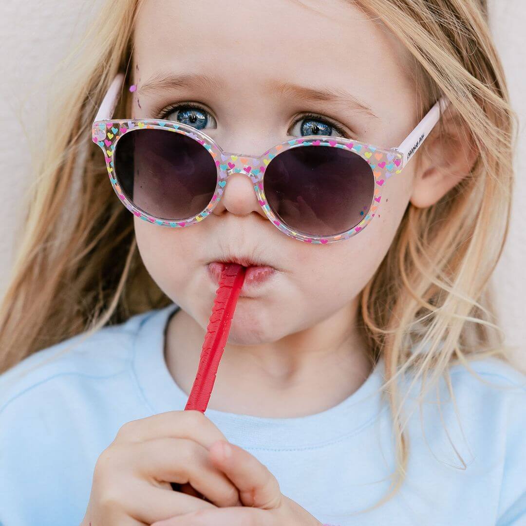 Frankie Ray Kids Sunglasses Sprinkle Multi Heart with colourful heart-patterned frame and UV400 smoke lenses for children aged 3 to 8 years