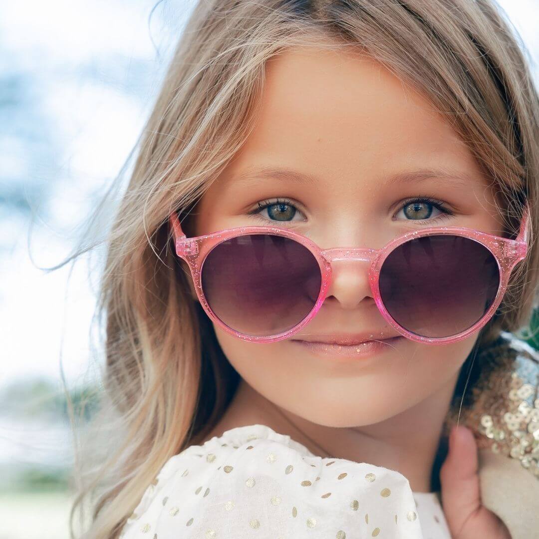 Frankie Ray Kids Sunglasses Shine Pink with rounded frame and UV400 smoke lenses for children aged 3 to 8 years